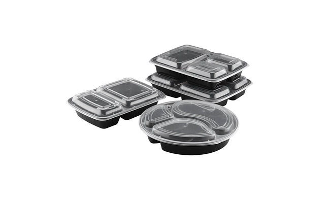48 oz Black 3 Compartment Microwavable Container with Lid